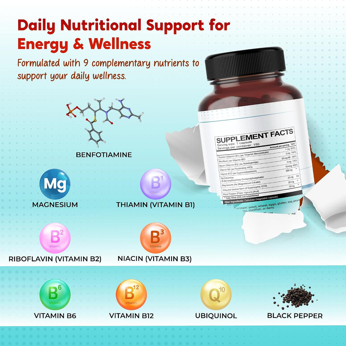 PeakPury Benfotiamine with Magnesium & Coenzyme Q10 - Supports Nerve Health, Cellular Wellness & Eye Health - 150 Capsules - görsel 4