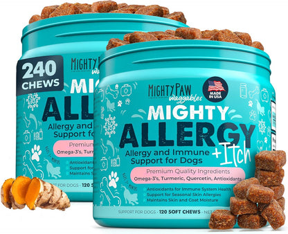 Mighty Paw Waggables Mighty Omega (Made in The USA, 120 Count) | Omega 3 Fish Oil Chew for Dogs. Salmon Flavour Skin and Coat Supplement. Soft Chew Fish Oil for Dogs - DHA & EPA, Bacon Flavour