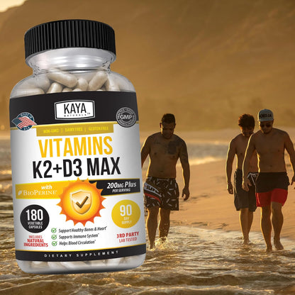 Kaya Naturals Vitamin K2 with D3 5000IU Supplement with Bioperine - Easy to Swallow Capsules (180 Count)