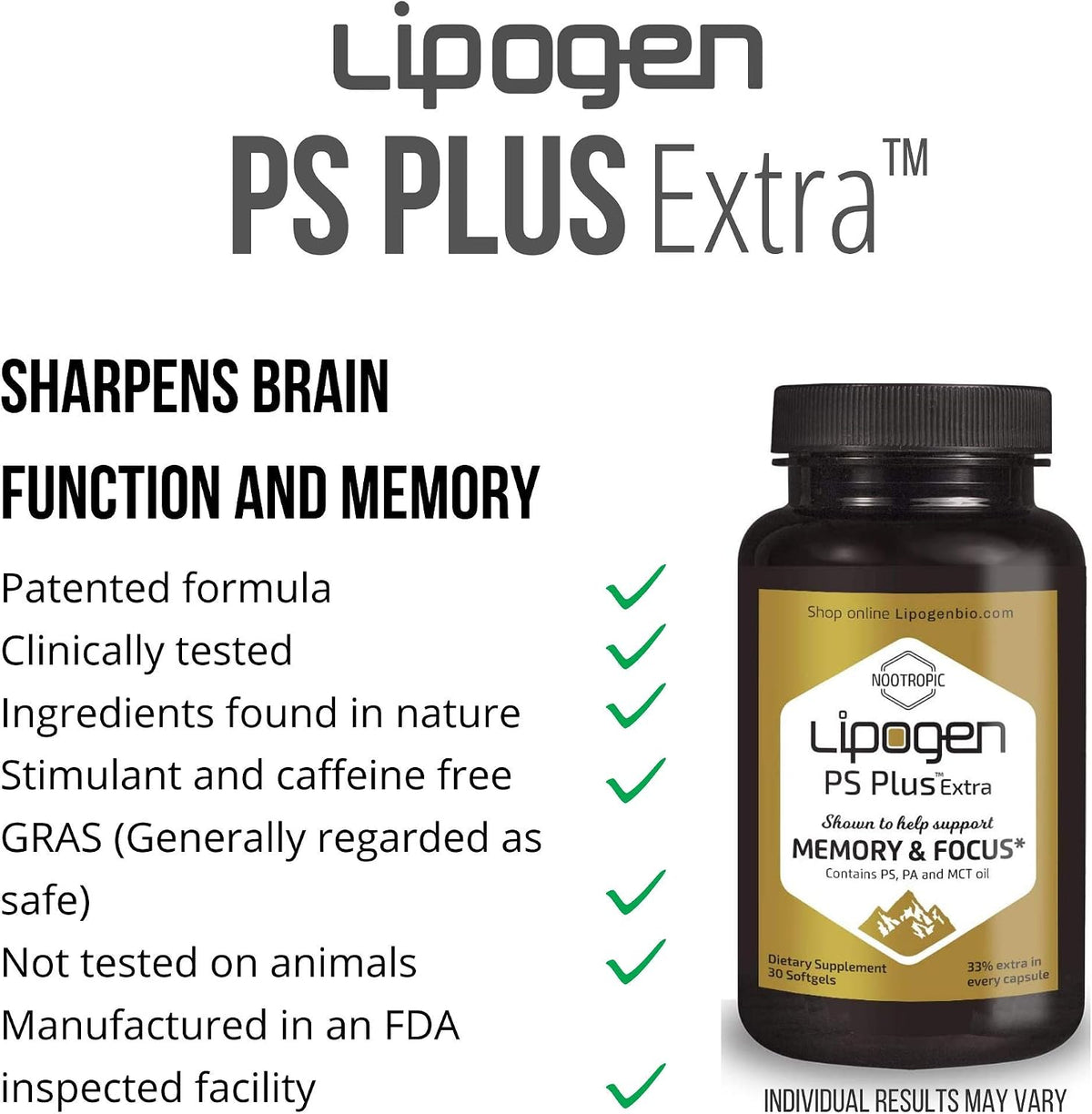 Lipogen PS Plus Extra Brain Booster - 133mg Phosphatidylserine for Memory, Focus & Cognitive Support (30 Soft gel capsules) - görsel 8