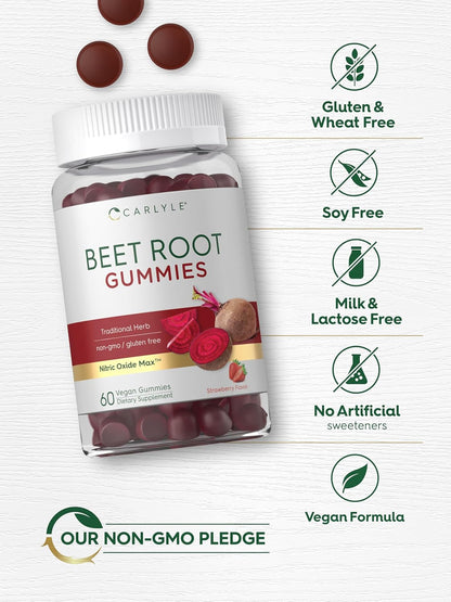 Carlyle Beet Root Gummies - 60 Count with Vitamin C & Black Pepper, Strawberry Flavour, Vegan & Non-GMO