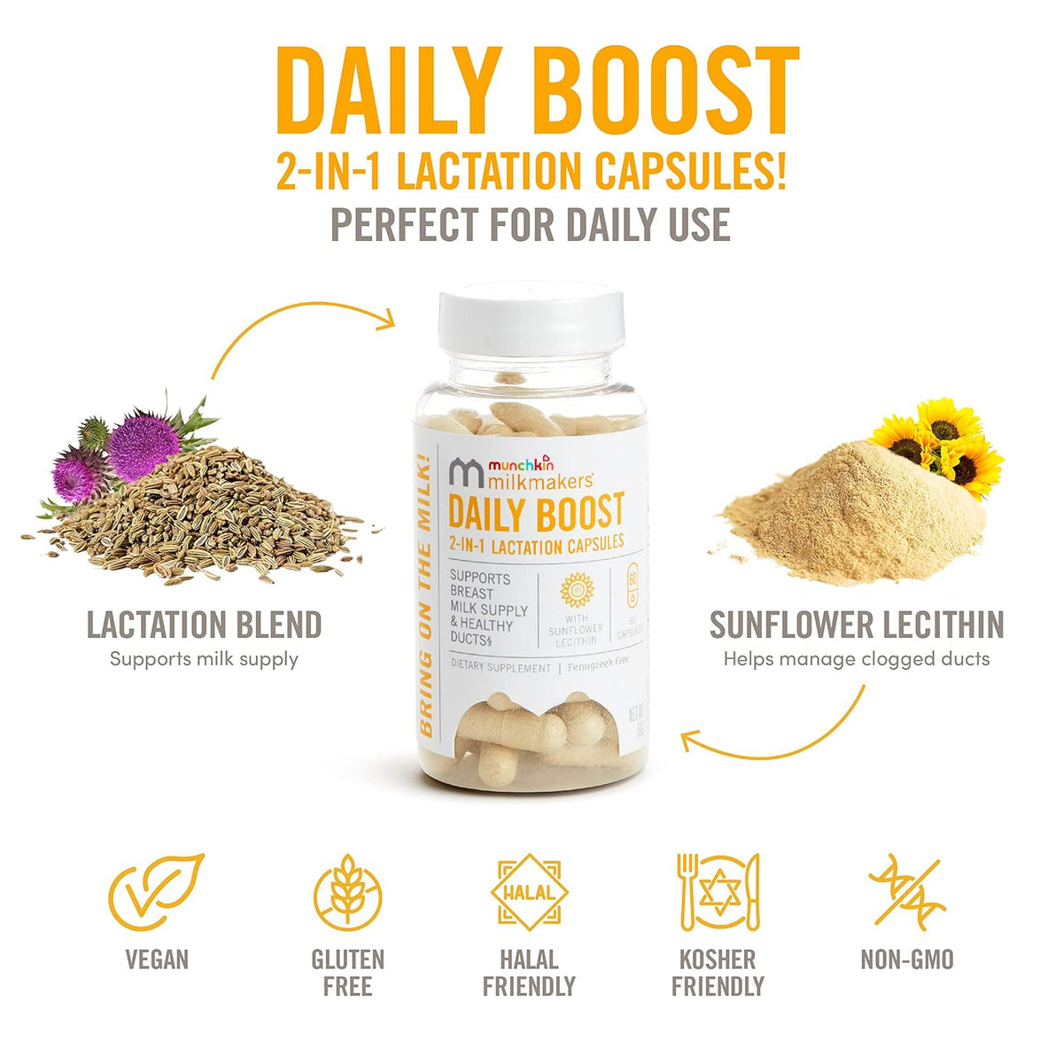 Munchkin Milkmakers Daily Boost 2-in-1 Lactation Supplements for Breastfeeding, Nursing & Pumping Mum - Fenugreek Free, 60 Capsules - görsel 2