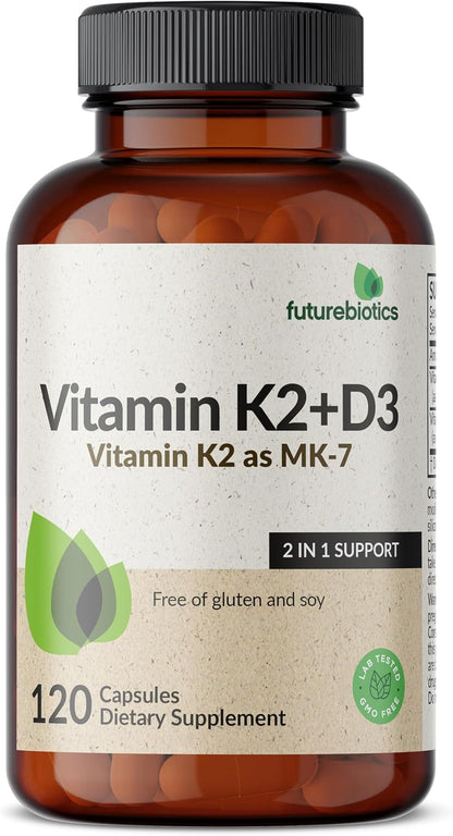 Futurebiotics Vitamin K2 (MK7) with D3 Supplement – 5000 IU D3 & 90 mcg K2 MK-7, 120 Vegetarian Capsules