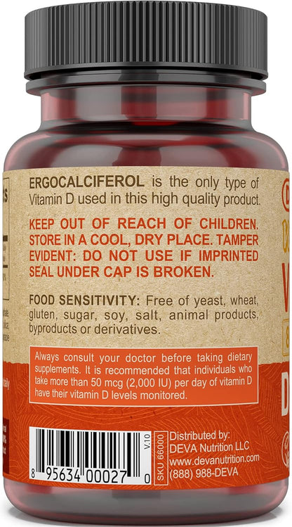 Deva Vegan Vitamin D2 800 IU, Ergocalciferol Supplement – 90 Fast-Dissolve Tablets