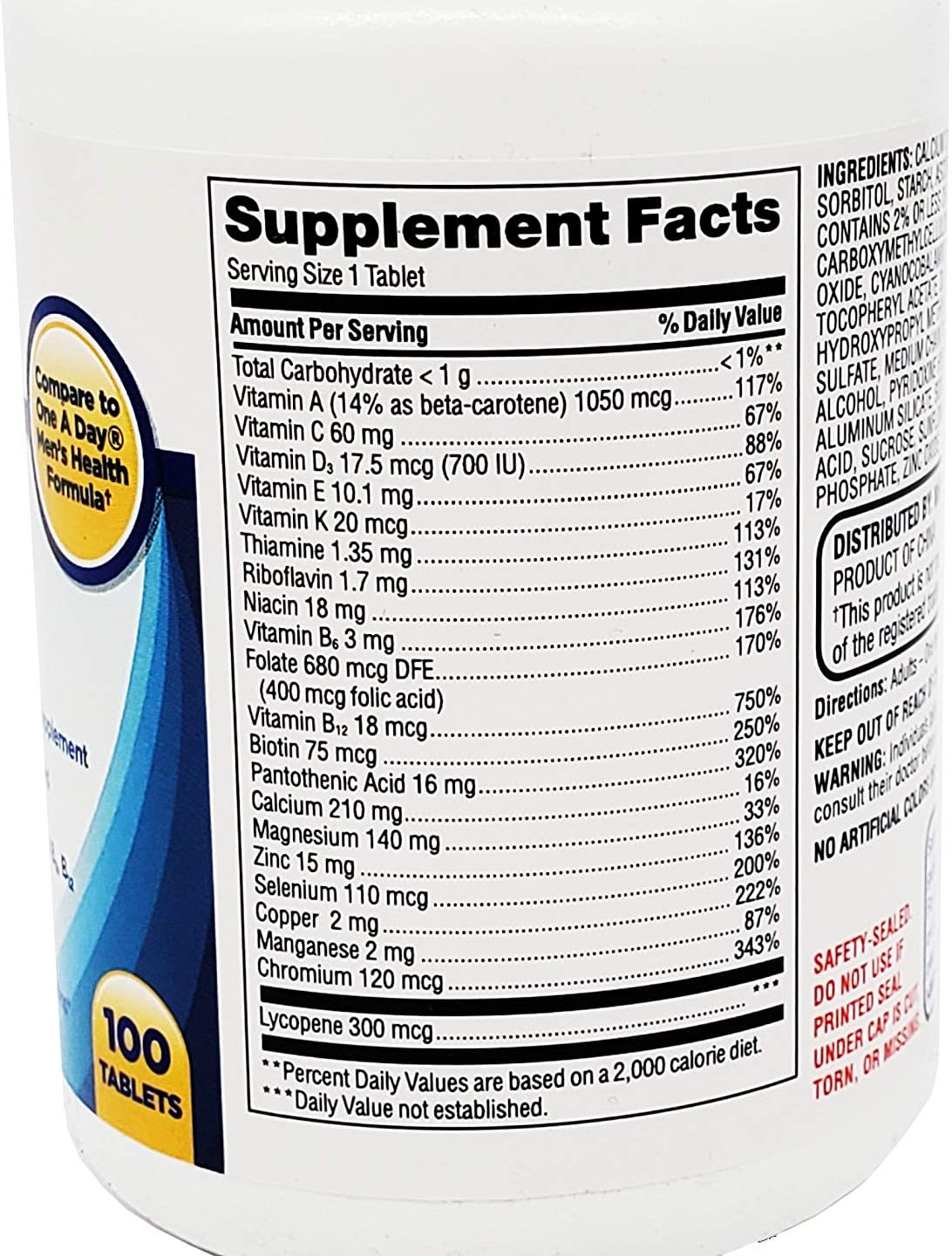 Equate One Daily Multivitamin, Men's Health Formula - 100 Tablets - görsel 4
