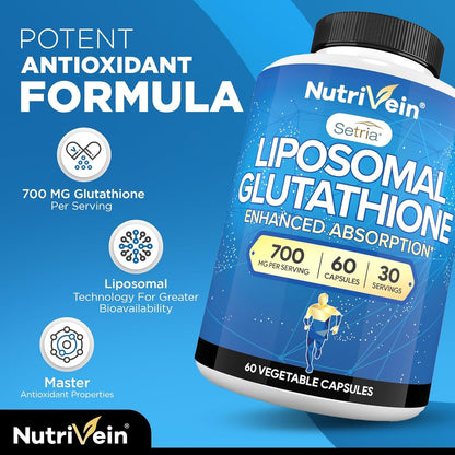 Nutrivein Premium Liposomal Glutathione 700 mg – 60 Capsules – Pure Reduced Glutathione (Setria) – Master Antioxidant