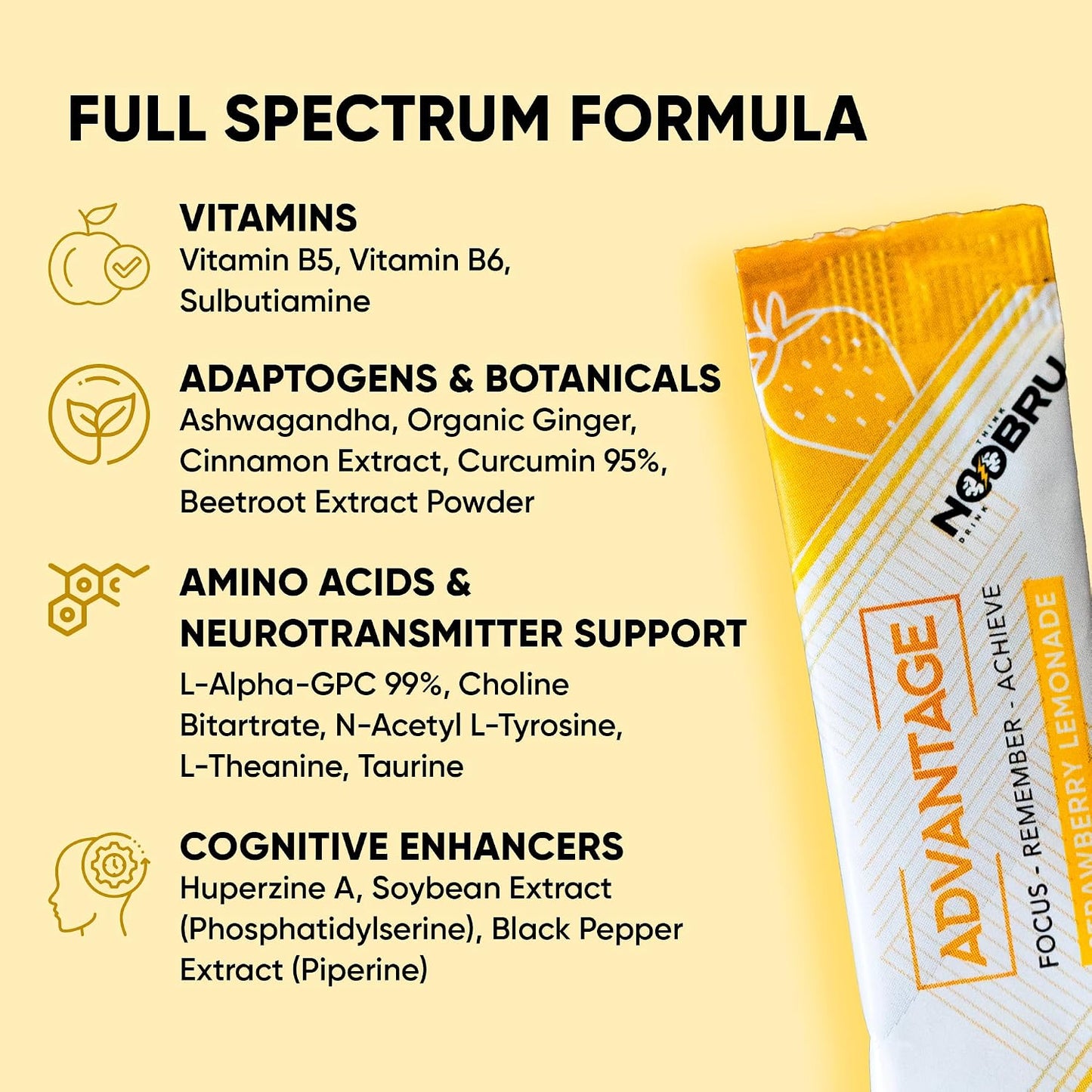 Noobru Advantage Nootropic - Cognitive Brain Supplement, 20 Strawberry Lemonade Sachets - görsel 4