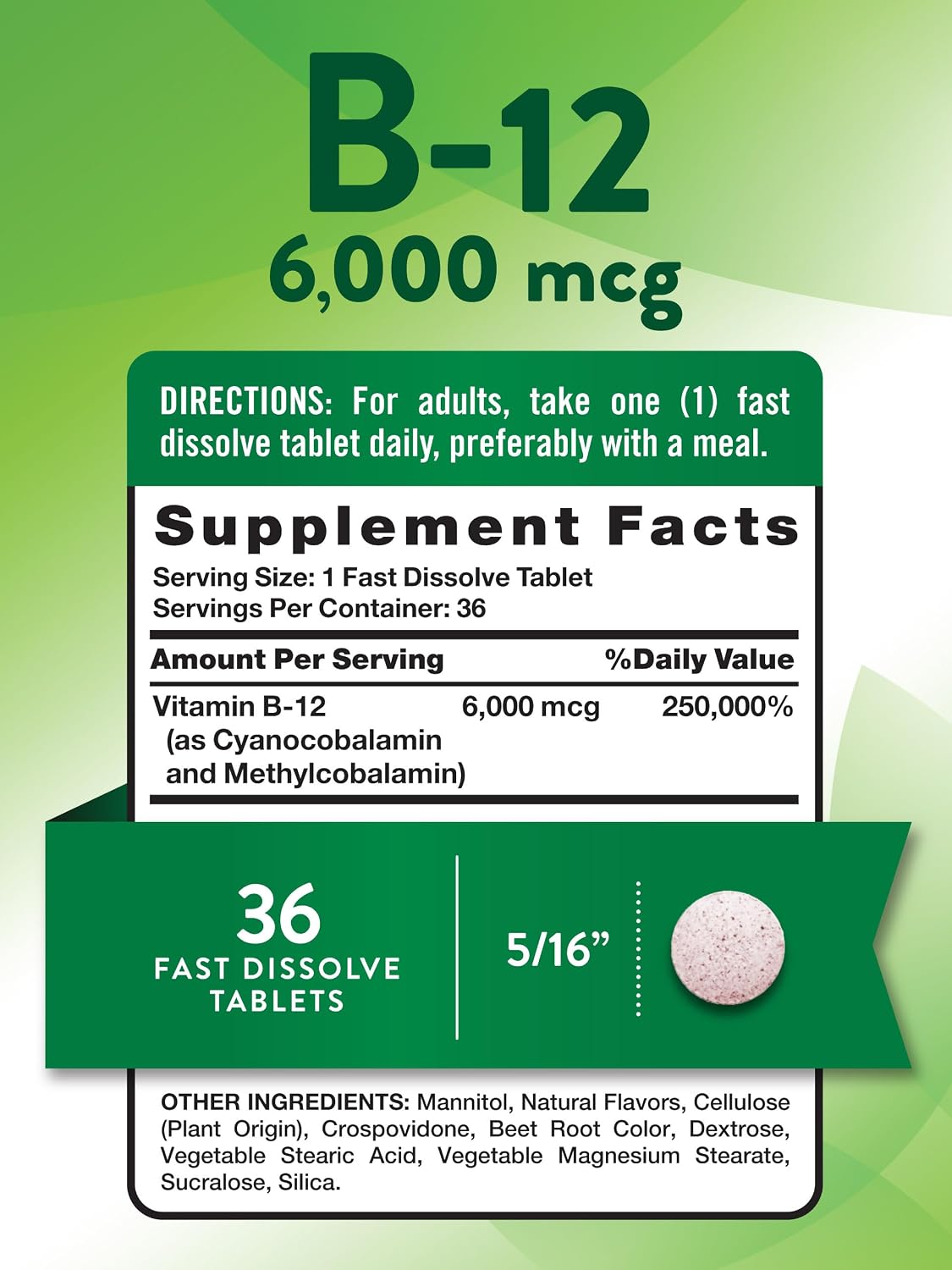Nature's Truth Vitamin B12 6000 mcg – Methylcobalamin Fast Dissolve Tablets, Natural Berry Flavour (36 Count) - görsel 2