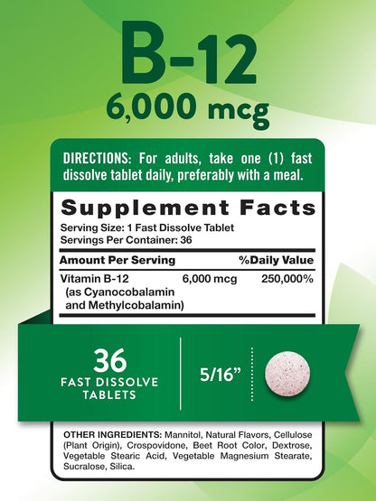 Nature's Truth Vitamin B12 6000 mcg – Methylcobalamin Fast Dissolve Tablets, Natural Berry Flavour (36 Count)