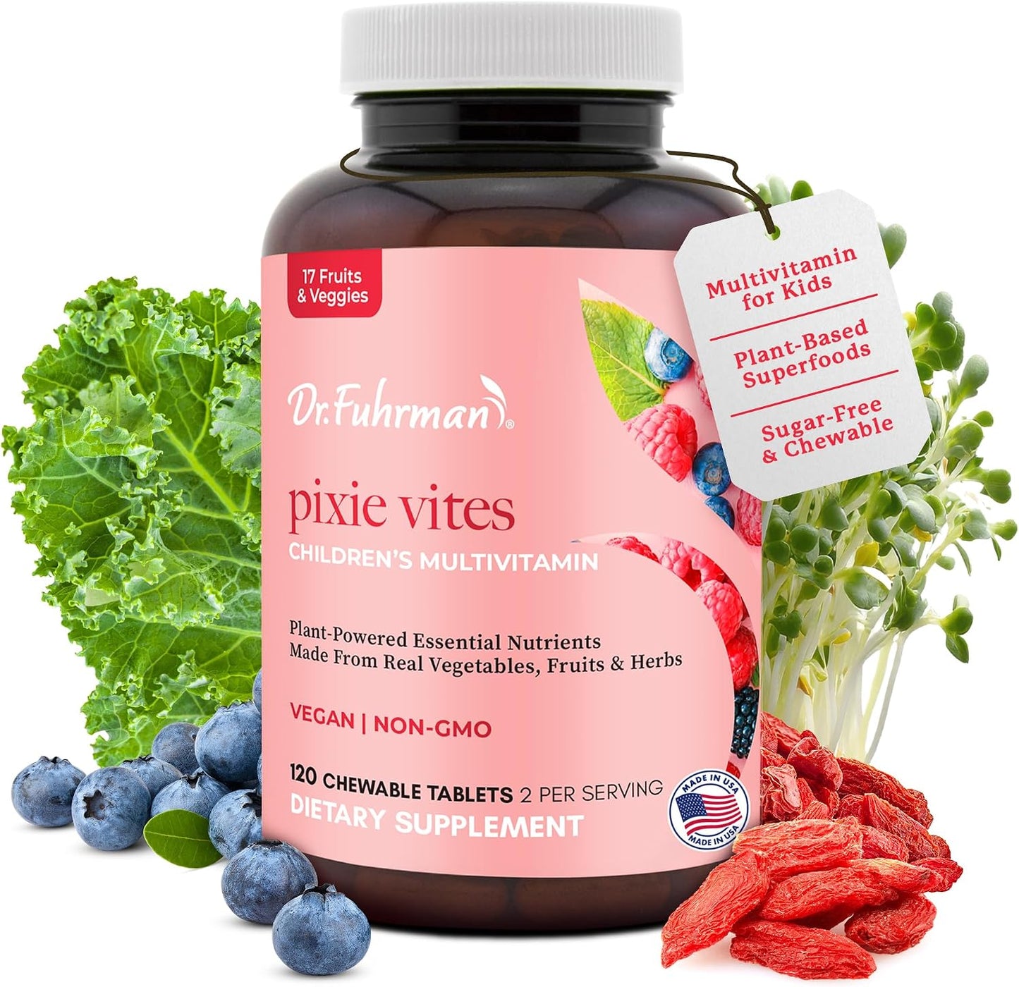 Dr. Fuhrman Pixie Vites Chewable Children's Multivitamin - Whole Food Kids Multi with Vitamin D3, K2 & Zinc - Sugar Free, Vegan, Non-GMO - Berry Flavour - 120 Tablets - görsel 1