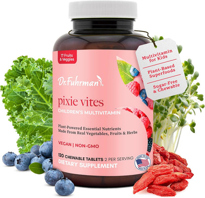 Dr. Fuhrman Pixie Vites Chewable Children's Multivitamin - Whole Food Kids Multi with Vitamin D3, K2 & Zinc - Sugar Free, Vegan, Non-GMO - Berry Flavour - 120 Tablets