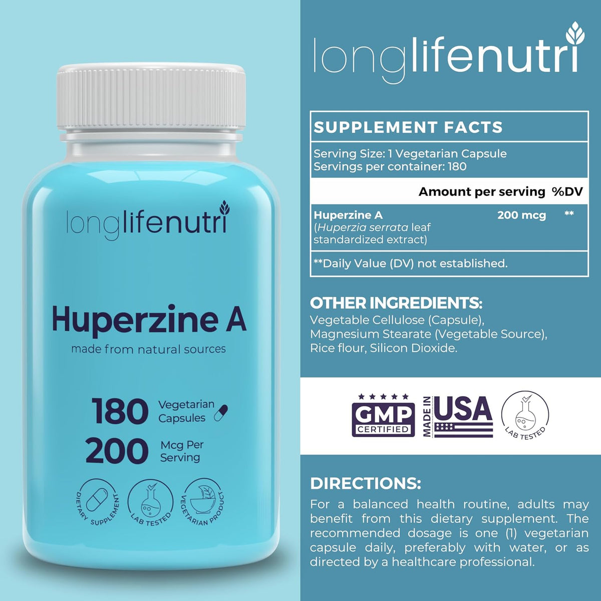 LongLifeNutri Huperzine A 200 mcg - Huperzia serrata Leaf Extract, 180 Vegetarian Capsules, Natural Nootropic for Concentration, Memory, and Clarity - görsel 2