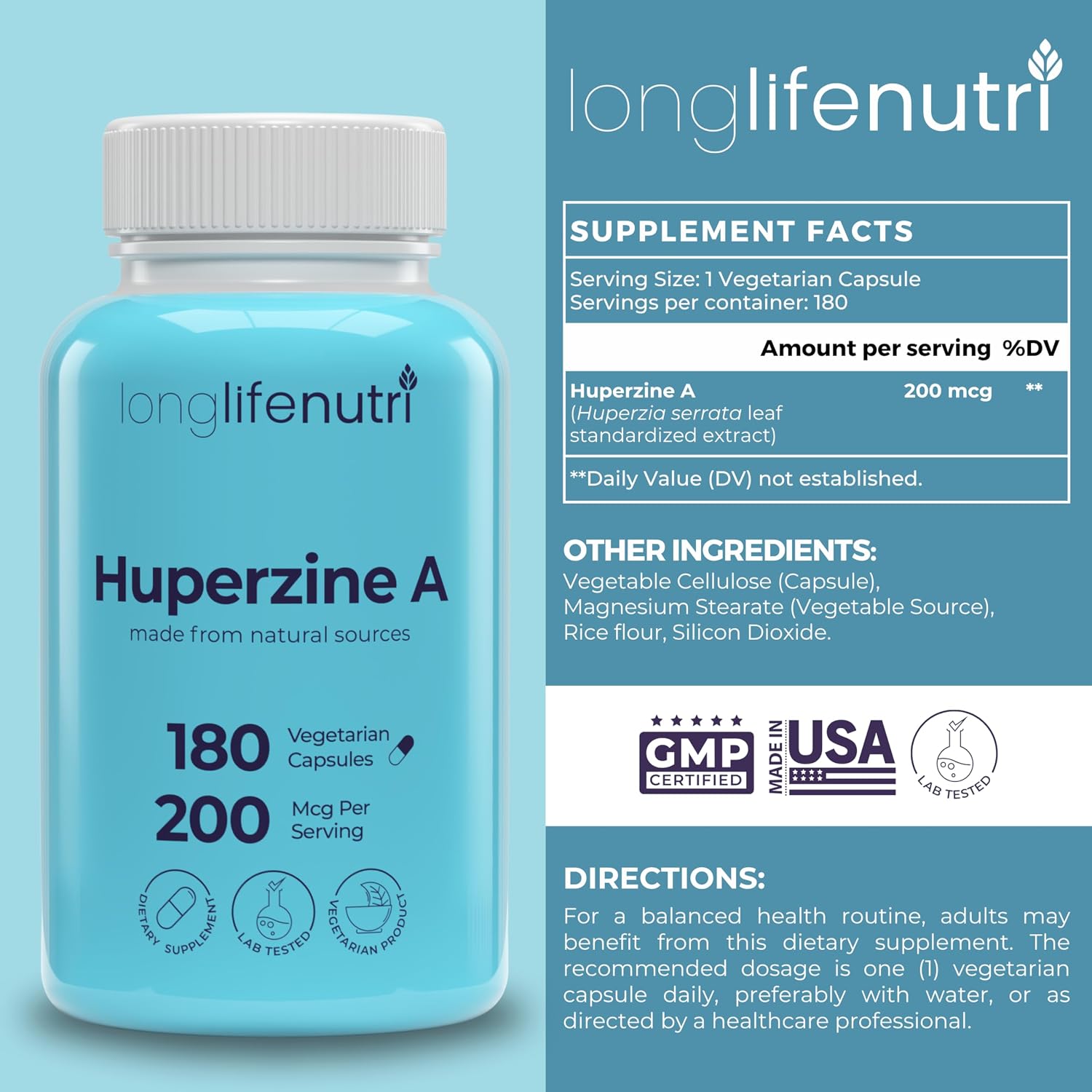 LongLifeNutri Huperzine A 200 mcg - Huperzia serrata Leaf Extract, 180 Vegetarian Capsules, Natural Nootropic for Concentration, Memory, and Clarity - görsel 2
