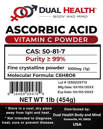 Ascorbic Acid (454 g) Pure Vitamin C Powder - Non-GMO, High Potency, Fine Crystals