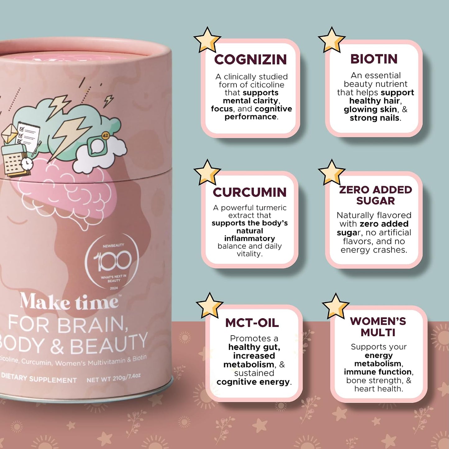 MAKE TIME Brain Health Powder Supplement for Women – Mood, Focus & Energy Boost with Cognizin, Biotin, B6, B12, MCTs, Acetyl-L-carnitine & Curcumin (210g, 30 Servings) - görsel 2