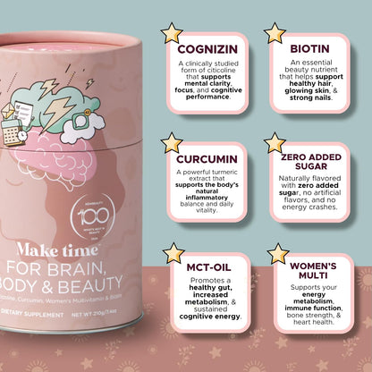 MAKE TIME Brain Health Powder Supplement for Women – Mood, Focus & Energy Boost with Cognizin, Biotin, B6, B12, MCTs, Acetyl-L-carnitine & Curcumin (210g, 30 Servings)