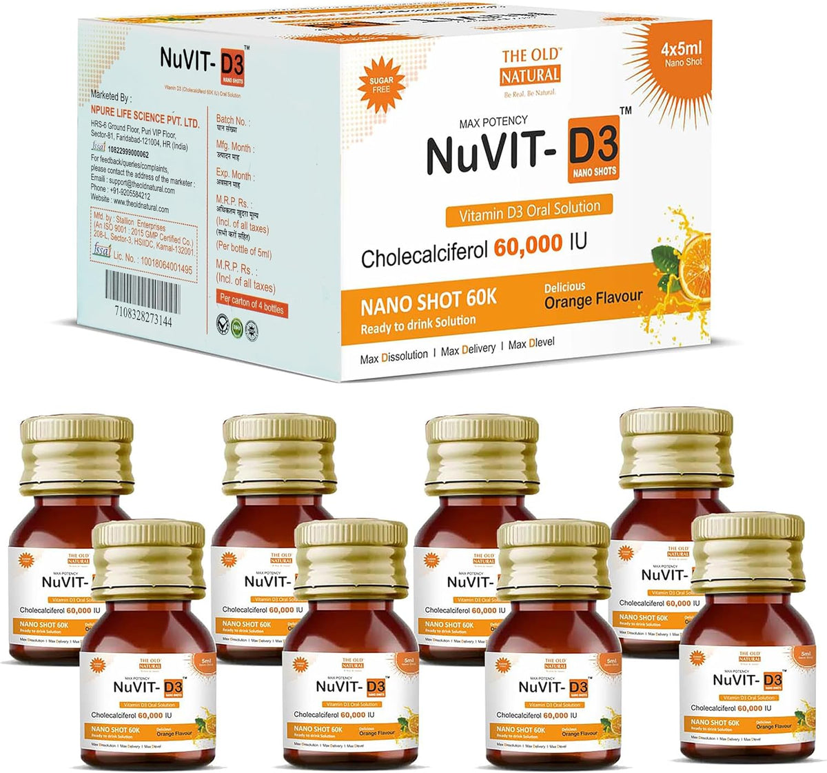 Nuvit D3 Vitamin D3 60,000 IU Nano Shots – Sugar Free Orange Flavour – Once a Week – 8 Pack - görsel 1