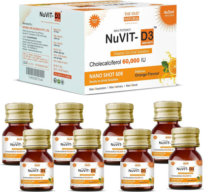 Nuvit D3 Vitamin D3 60,000 IU Nano Shots – Sugar Free Orange Flavour – Once a Week – 8 Pack