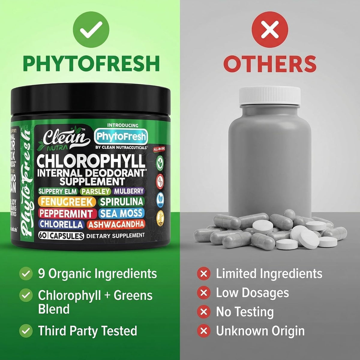 Clean Nutra Chlorophyll Capsules Supplement Internal Deodorant Peppermint, Sea Moss, Parsley, Chlorella, Spirulina, Slippery Elm, Ashwagandha, PhytoFresh Greens Detox Pills - görsel 7