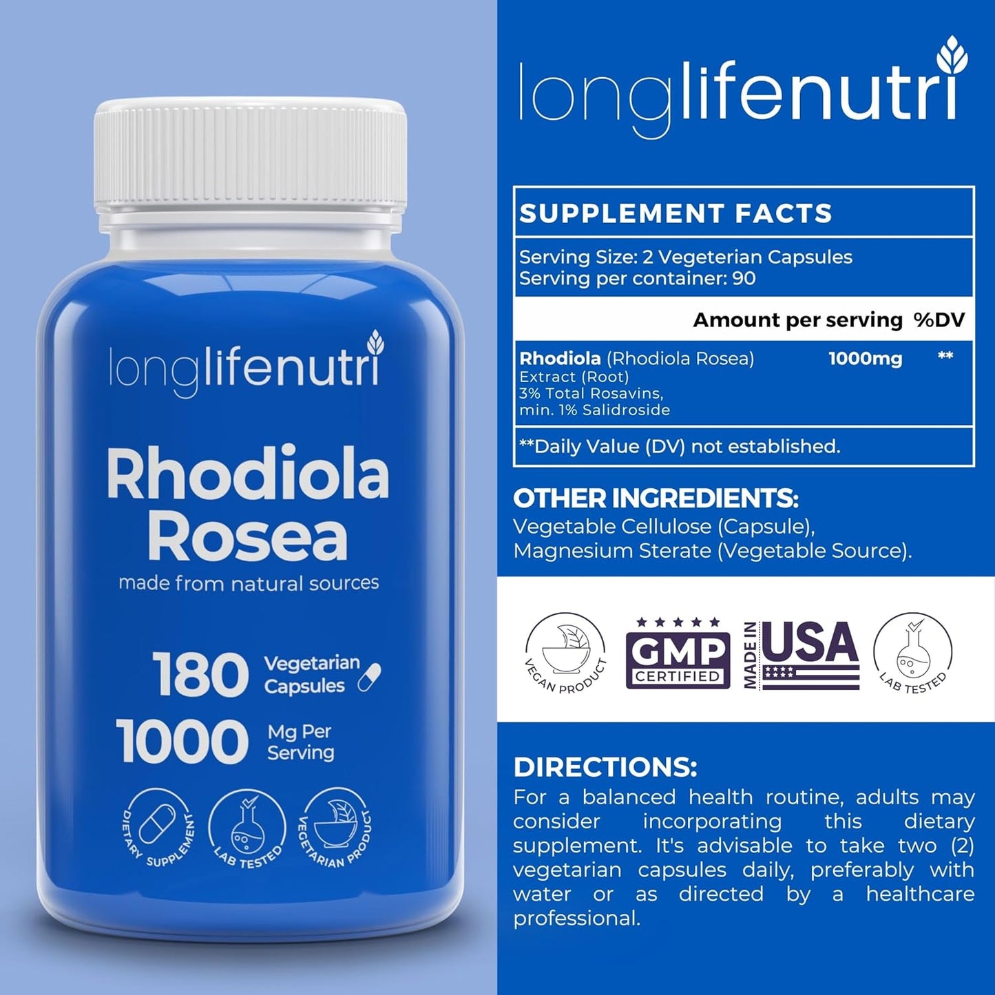 LongLifeNutri Rhodiola Rosea 1000mg - 180 Vegetarian Capsules for Mental & Physical Health, Non-GMO, 3-Month Supply, Made in USA - görsel 2
