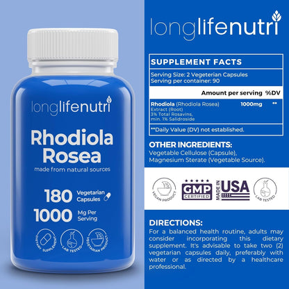 LongLifeNutri Rhodiola Rosea 1000mg - 180 Vegetarian Capsules for Mental & Physical Health, Non-GMO, 3-Month Supply, Made in USA