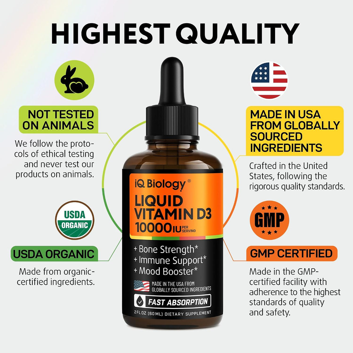 IQ BIOLOGY Liquid Vitamin D3 10000 IU – USDA Organic Vitamin D Drops with MCT Oil (60 ml) - görsel 4