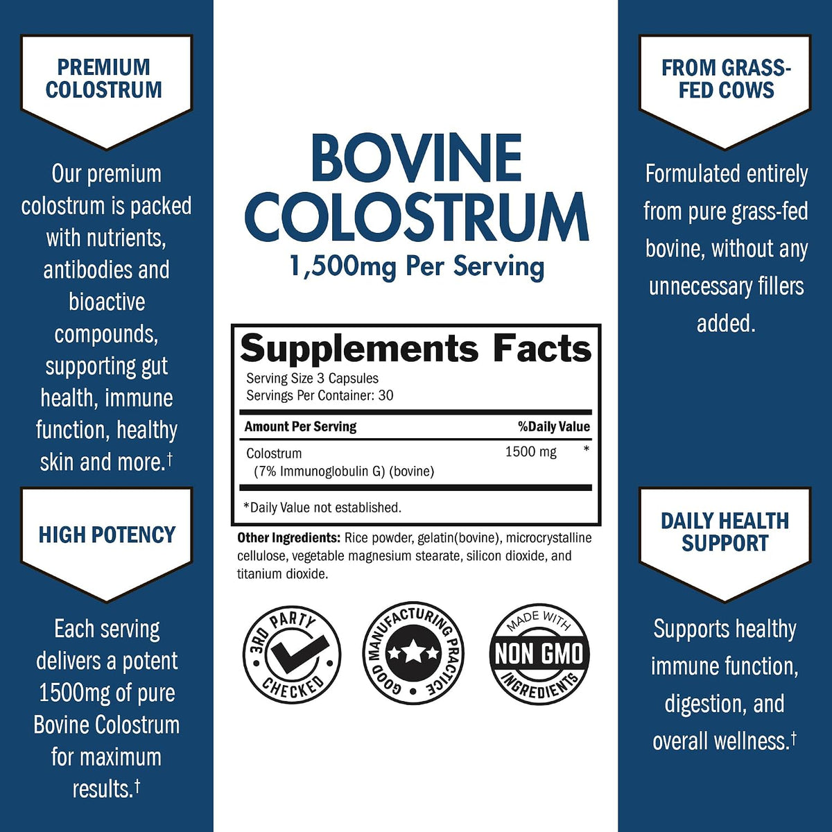 Colostrum Supplement Extra Strength 1500mg – Grass Fed Bovine Colostrum Capsules – Non-GMO, Gluten-free, 90 Count - görsel 2