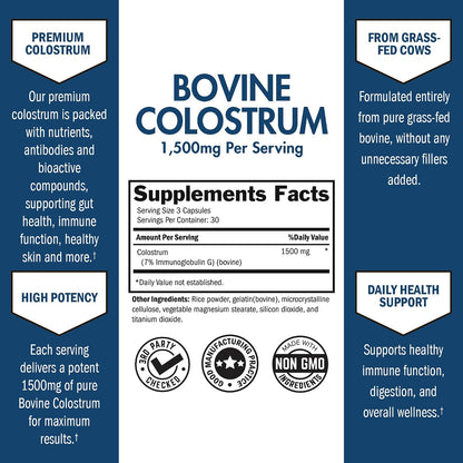 Colostrum Supplement Extra Strength 1500mg – Grass Fed Bovine Colostrum Capsules – Non-GMO, Gluten-free, 90 Count