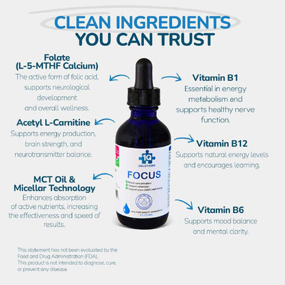 1Q Focus Liquid Brain Supplement for Kids | L-Methylfolate, Acetyl L-Carnitine, B1 B6 B12 Drops | Sugar-Free Vegan | 60 ml