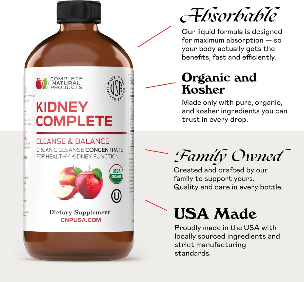 Complete Natural Products Kidney Complete - 16 fl oz (473 ml) Liquid Kidney Support Supplement with Apple Cider Vinegar, Lemon and Organic Chanca Piedra - görsel 3
