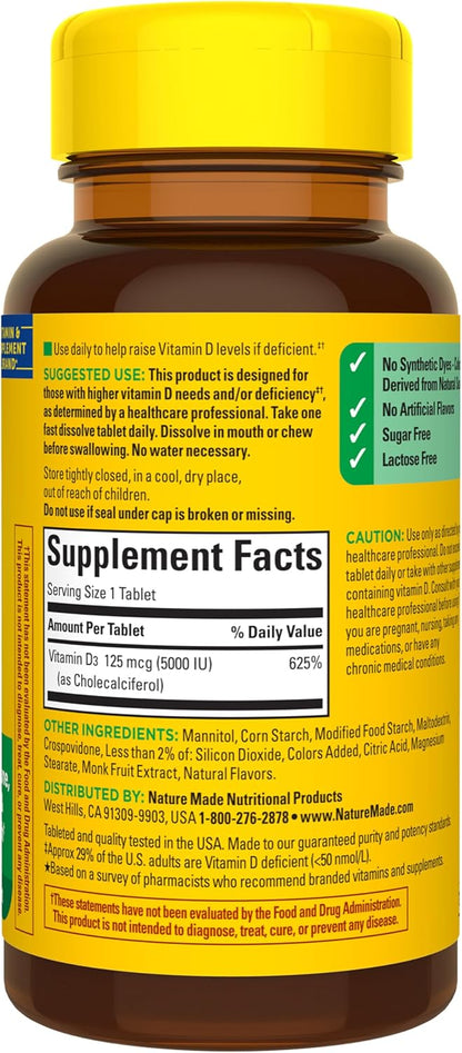 Nature Made Vitamin D3 5000 IU Extra Strength Fast Dissolve Tablets - Immune & Bone Support, 70 Tablets