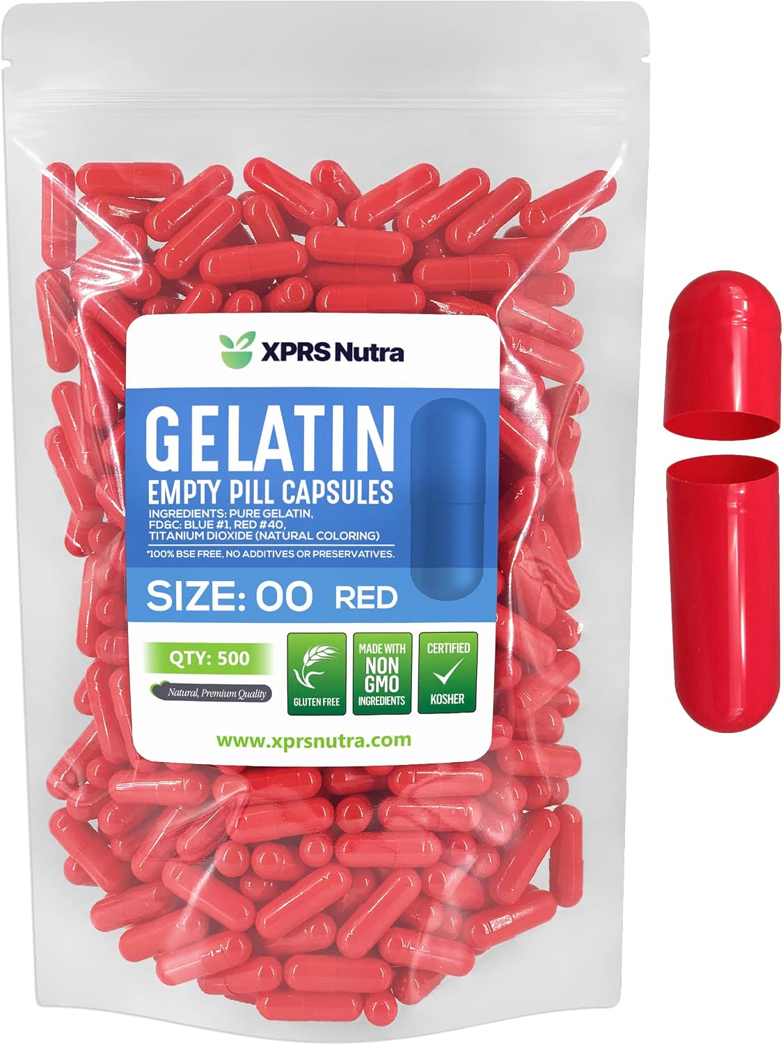 XPRS Nutra Size 00 Empty Gelatine Capsules – 500 Count (Red) - görsel 1