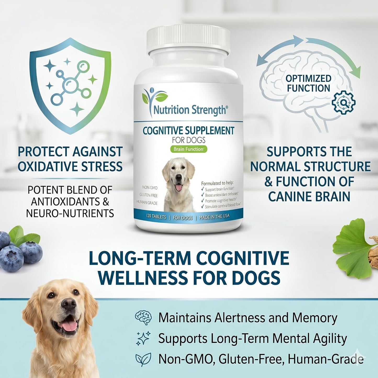 Nutrition Strength Cognitive Support for Dogs – Promotes Dog Brain Health, Mental Support Supplement, 120 Chewable Tablets - görsel 3