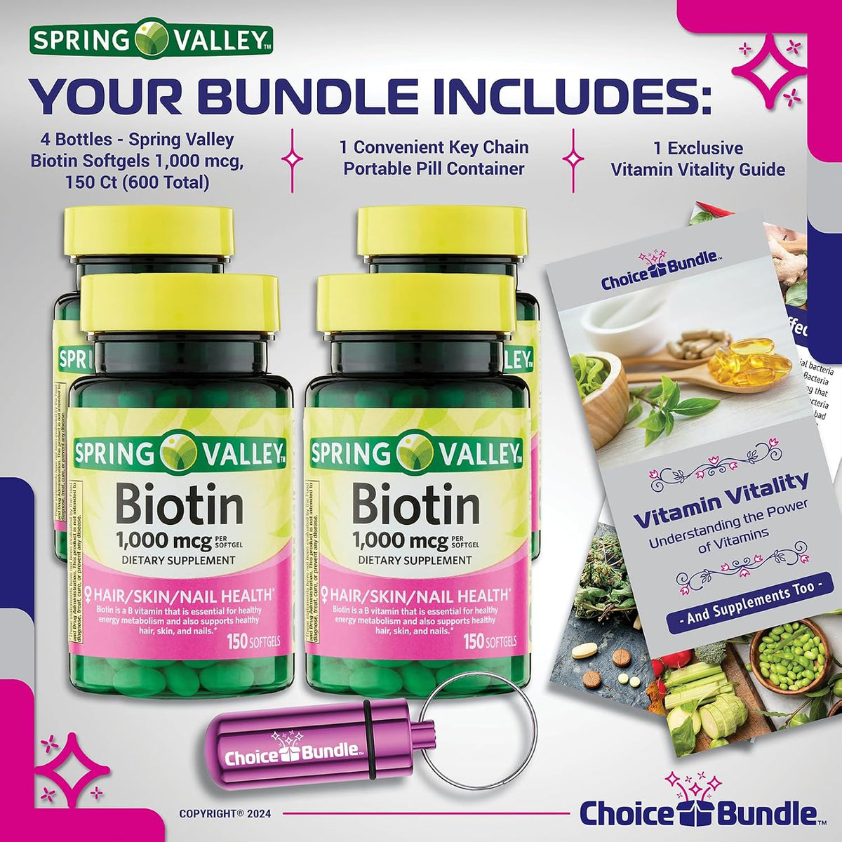 Spring Valley Biotin Soft gel capsules 1000mcg - 4 Bottles (600 Soft gel capsules) with Vitamin Guide and Pill Container - görsel 2