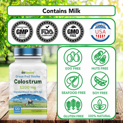 Colostrum Supplement 1,200 mg per serving, 120 Capsules | Standardised to 25% IgG | Grass-Fed Bovine Colostrum Powder Capsules | Immune Support | Non-GMO, Made in the USA!