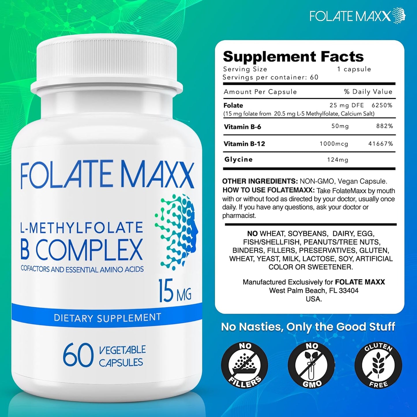 L-Methylfolate 15mg with Active Vitamin B Complex – 60 Capsules – High Potency 5-MTHF, B6, Methyl B12 - görsel 4