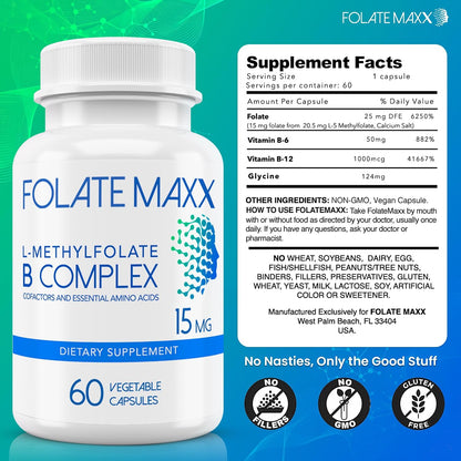 L-Methylfolate 15mg with Active Vitamin B Complex – 60 Capsules – High Potency 5-MTHF, B6, Methyl B12
