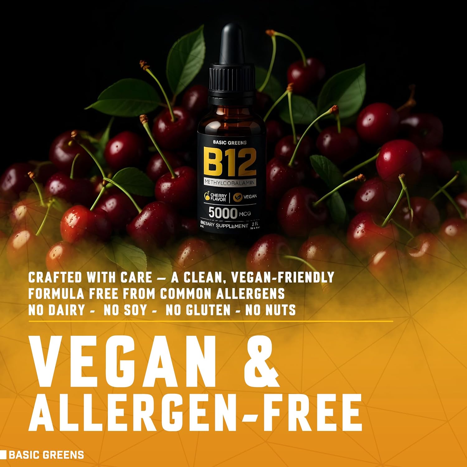BASIC GREENS Vitamin B12 Liquid Drops 5000 mcg, Sublingual Methylcobalamin, Vegan Cherry Flavour, 59 ml - görsel 9