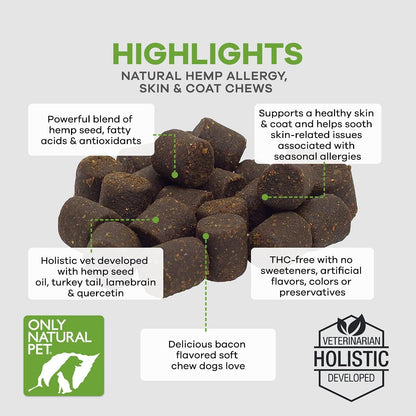 Only Natural Pet Allergy, Skin & Coat Hemp Soft Chews - Allergy Immune Bites for Dogs, Omega-3 Supplement, Calming Treats for Itchy Skin Relief, Hot Spot - (60 Chews)