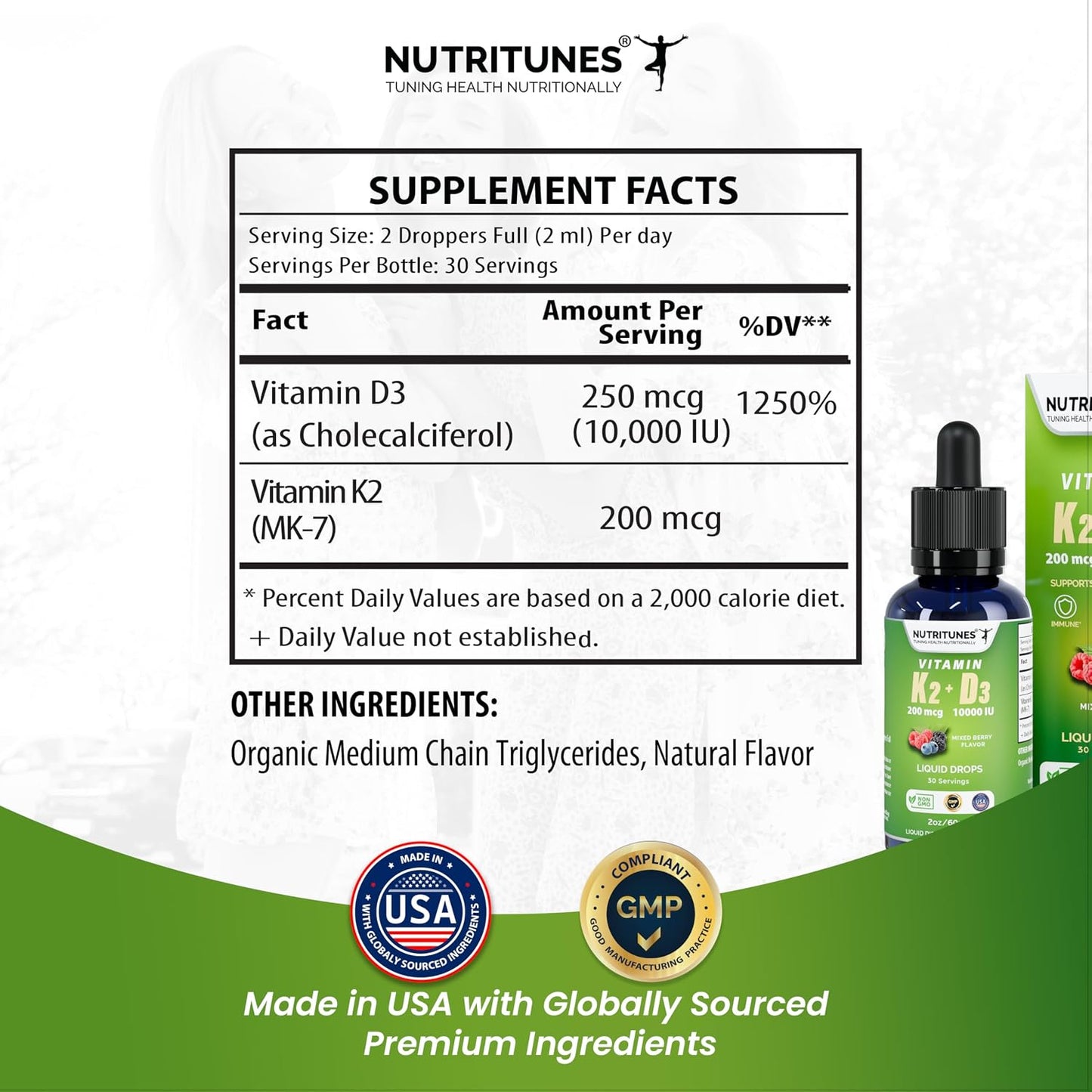 Nutritunes K2 D3 Liquid Drops - Vitamin D3 10,000 IU & Vitamin K2 200 mcg, Mixed Berry, 60 ml - görsel 5