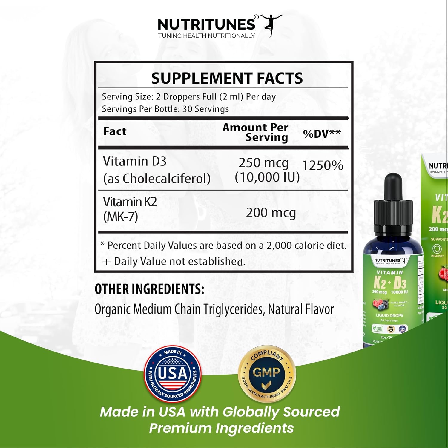 Nutritunes K2 D3 Liquid Drops - Vitamin D3 10,000 IU & Vitamin K2 200 mcg, Mixed Berry, 60 ml - görsel 5