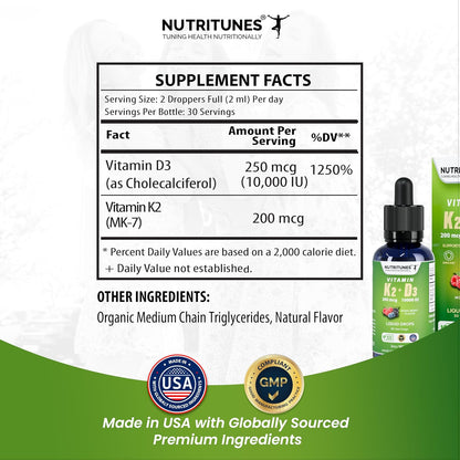 Nutritunes K2 D3 Liquid Drops - Vitamin D3 10,000 IU & Vitamin K2 200 mcg, Mixed Berry, 60 ml