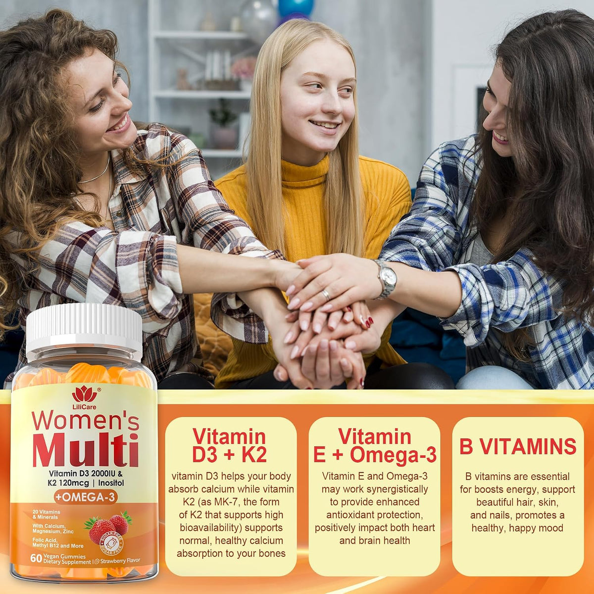 LILICARE Women's Multivitamin Gummy - Sugar-Free, Methylated B Complex, Omega-3 DHA/EPA, Vitamin D3+K2, 120 Count - görsel 6
