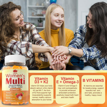 LILICARE Women's Multivitamin Gummy - Sugar Free with Omega 3, D3 K2, Methylfolate - 60 Count