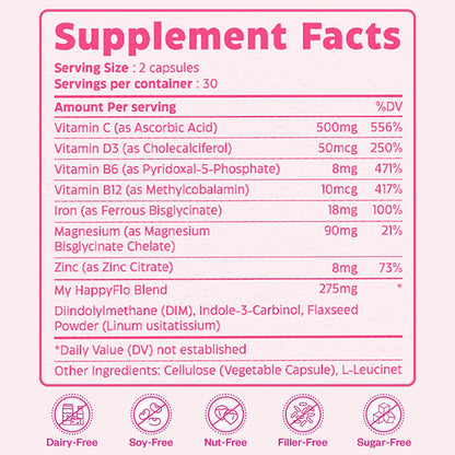 My Happy Flo Period Relief Supplement – Cramp Relief, Heavy Periods & Irregular Period Support, Bloating & Fibroid, Plant-Based PMS & Hormone Support | 60 Caps