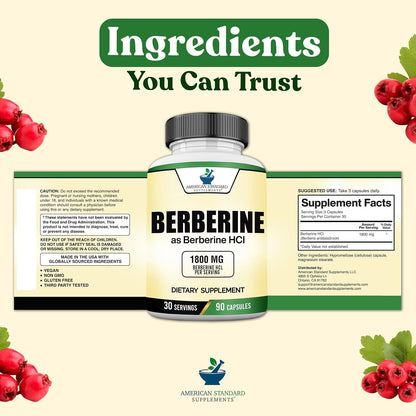 American Standard Supplements Berberine Capsules 1800mg Per Serving, 90 Vegetable Capsules