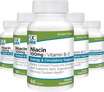 Quality Choice Niacin (Vitamin B3) 100 mg – Energy & Nervous System Support – 5 Pack (60 Tablets Each)