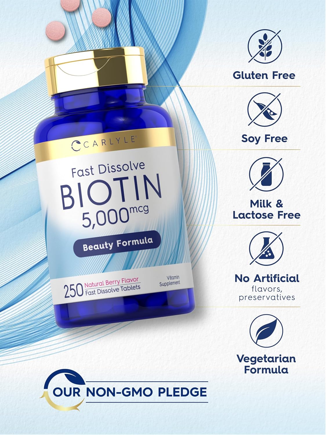 Carlyle Biotin 5000mcg Fast Dissolve Tablets, 250 Count – Vegetarian, Non-GMO, Gluten-free - görsel 5