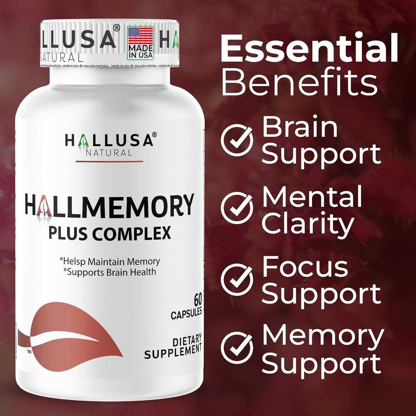 Hallusa Natural Brain Health Supplement - Cognitive Support for Memory and Focus with Ginkgo Biloba, Choline, L-Glutamic Acid and Vitamin B Complex - 60 Capsules - görsel 2