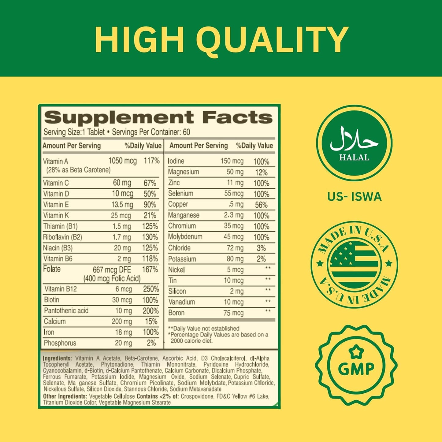 Greenfield Nutritions Halal Multivitamins for Women and Men - 60 Gelatine Free Tablets with 27+ Vitamins & Minerals - görsel 7
